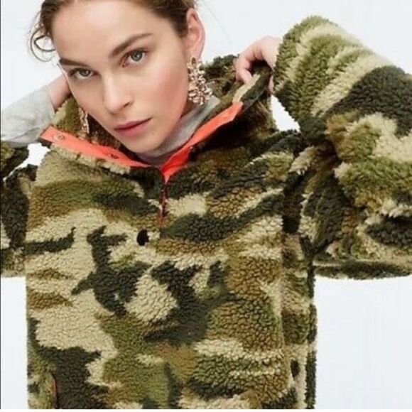 Jcrew Vintage Camo Sherpa Snap Pullover Button Fleece Jacket xs - Picture 3 of 13